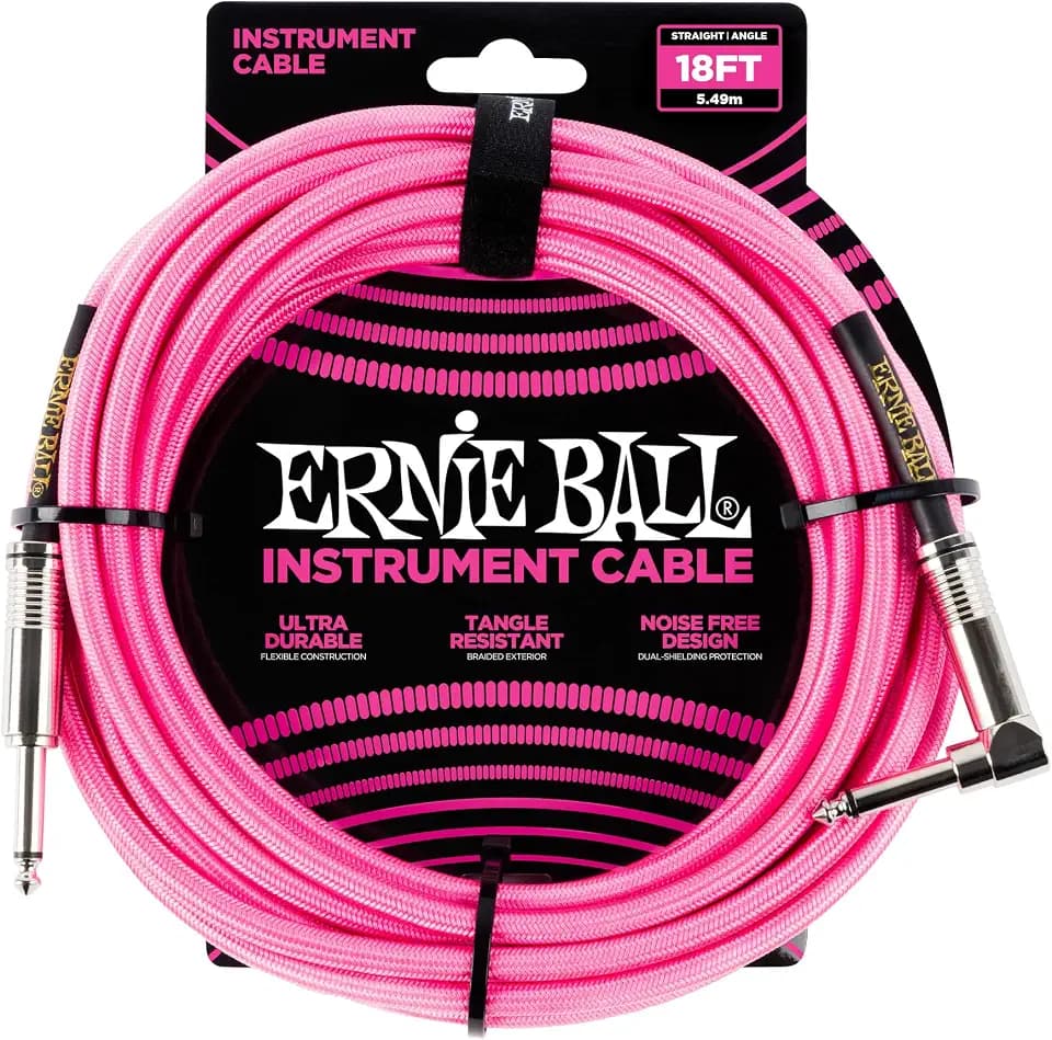 Ernie Ball Braided Instrument Cable, Straight/Angle, 18ft, Neon Pink (P06083)