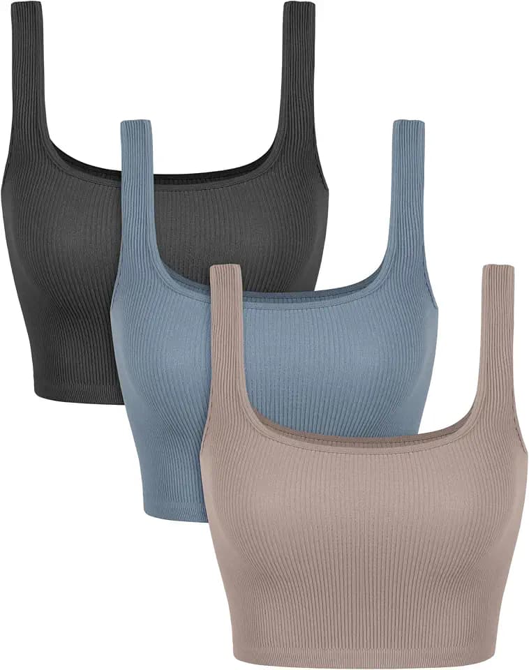 ODODOS 3-Pack Seamless Square Neck Crop Tank for Women Ribbed Knit Soft Low Back Cropped Tops