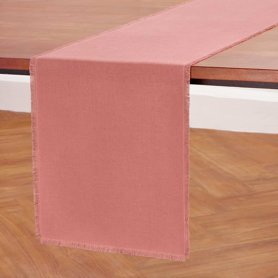 Solino Home 100% Pure Linen Dining Table Runner Rose, Fringe 14 x 72 in