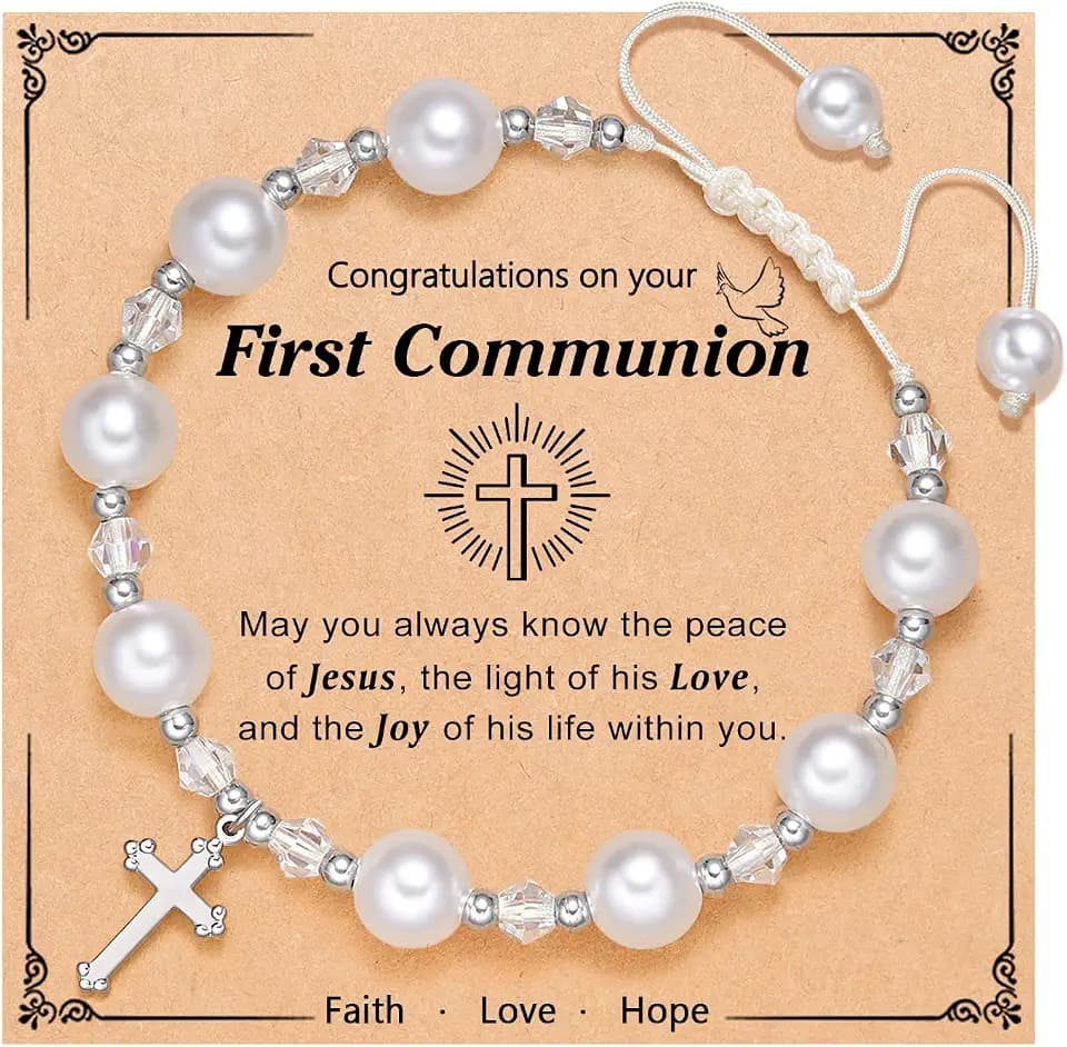 UNGENT THEM Girls Cross Pearl Bracelet-Baptism Confirmation First Communion Gifts for Girls Teens