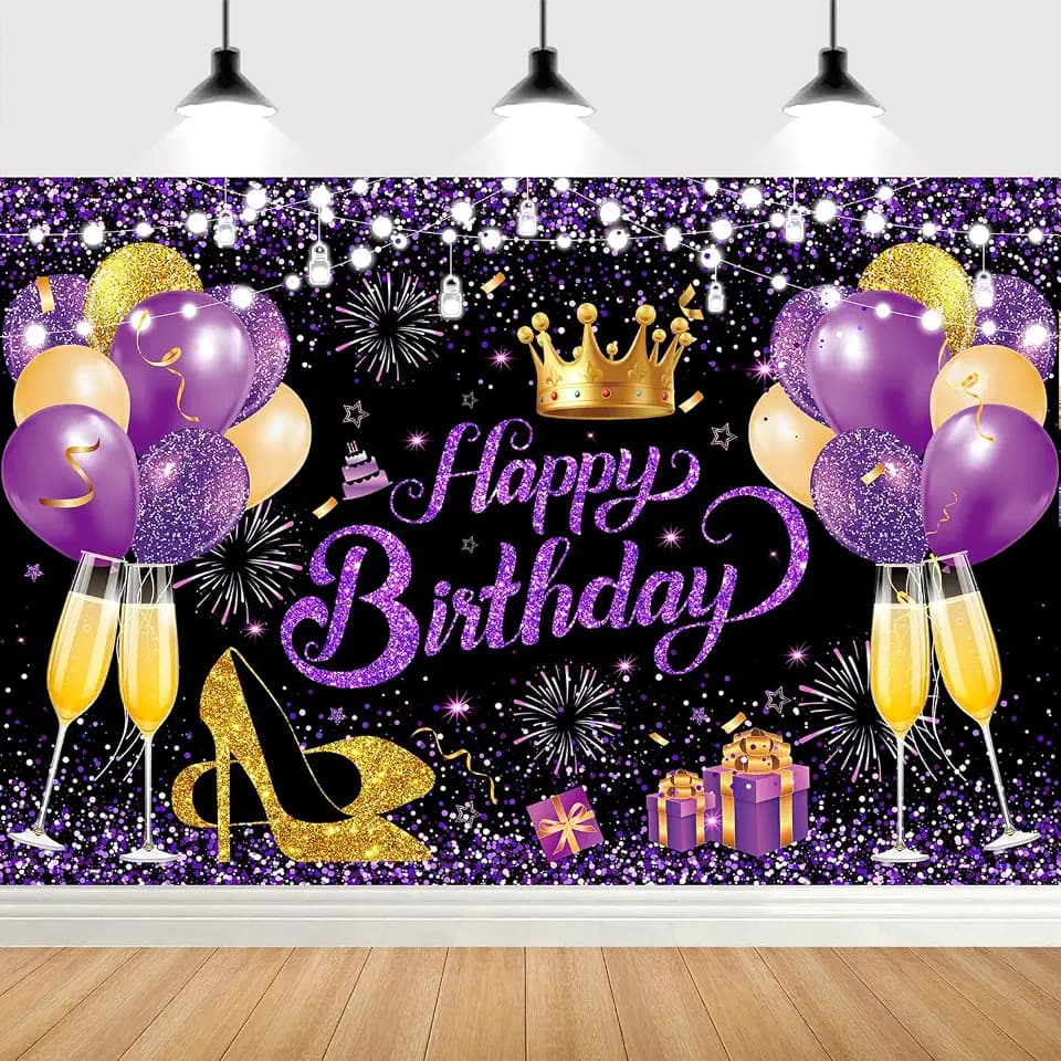 Purple Gold Happy Birthday Party Photo Backdrop for Women Girl
