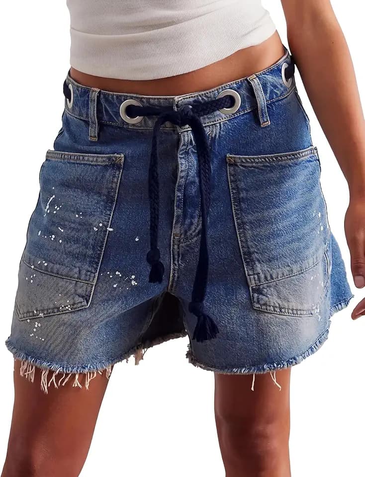 Mewunan Women's Moxie Barrel Jean Shorts 2026 Drawstring Baggy Denim Shorts