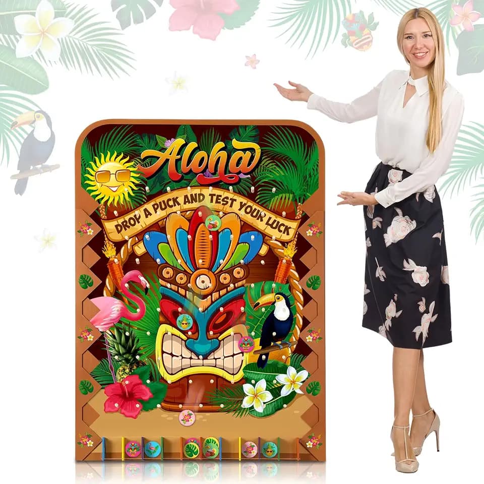 Blosssound 41.3" x 29.5" Extra Large Prize Drop Board Game Family Foldable Wood Disk Drop Game with 24 Colored Wooden Discs for Party Show Carnival Activity(Hawaii Style)