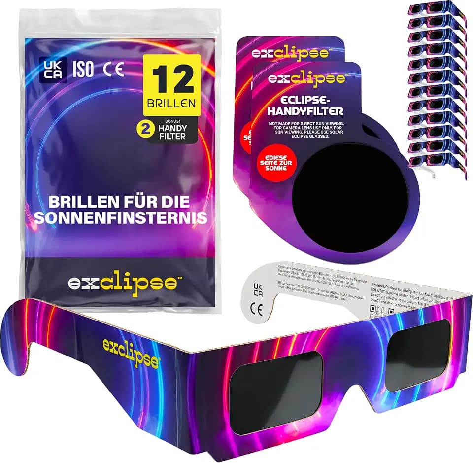 exclipse Sonnenfinsternisbrille – ISO 12312-2 & CE & UKCA-zertifiziert, Sichere Sonnenbeobachtung, AAS Zertifizierung 2026, Schutzbrille im Mehrpack