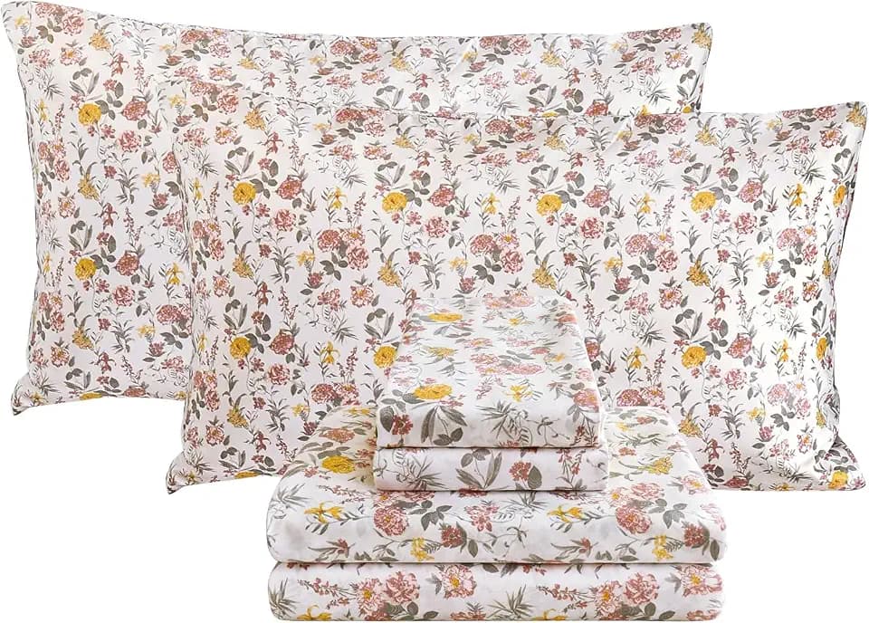 Viviland Floral Full Sheet Set - 4 Piece Vintage Pink & Yellow Flower Patterned Bed Sheets - Soft, Breathable Microfiber Sheets with Deep Pocket, Non-Slip Fitted Sheets & Pillowcases