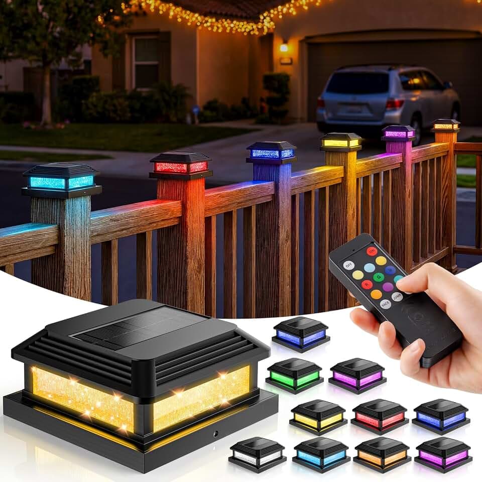 JOFIOS Solar Post Cap Lights, LED, Multi-Color, Plastic, Classic Style, Waterproof IP65, for 4/4.5/5 Inch Posts, Outdoor Patio (12, Black)