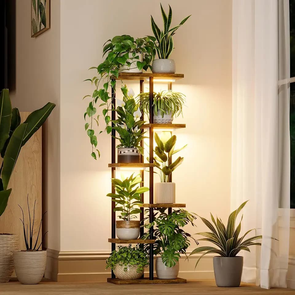 Bamworld Plant Shelf with Grow Light for Indoor Plants Corner 6 Tier