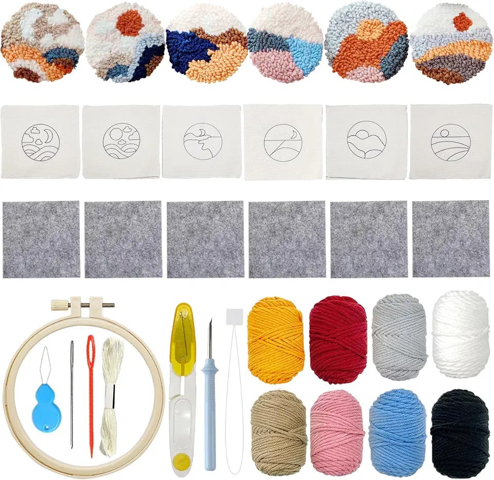 Allazone 6 Stück Needle Untersetzer Kit DIY Needle Punch Handwerk Stickerei Kit Filz Garne Stickerei Coaster Kunst und Handwerk Needle Coaster mit Anleitung für Anfänger Einfach