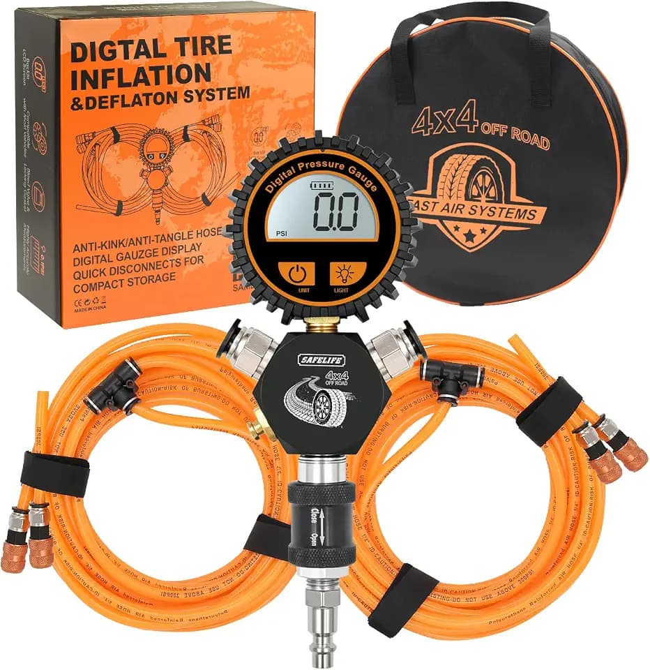 SAFELIFE 4 Tire Inflation/Deflation System, Inflate or Deflate All 4 Tires at Once, Rapid High-Flow Air Up Down Kit w/Inflator Hose & Digital Pressure Gauge for Truck, Car, Trailers & Motorcycles