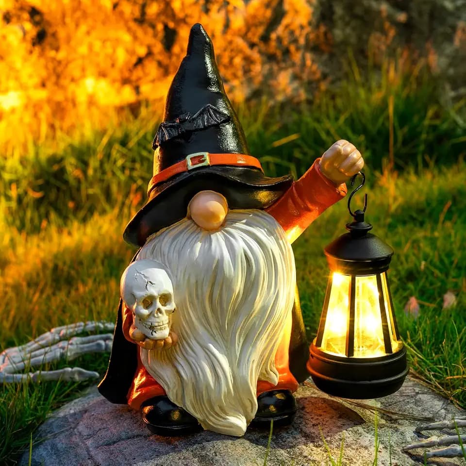 Halloween Gnome Decoration Garden Statues with Skull Solar Gnomes with LED Lantern Halloween Outdoor Porch Patio Yard Art Ornament Holiday Gardening Gifts for Mom Women