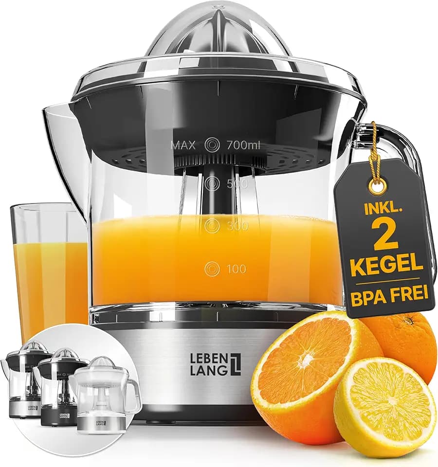 LEBENLANG Zitruspresse elektrisch - 2 Kegel & BPA-Frei & 700ml