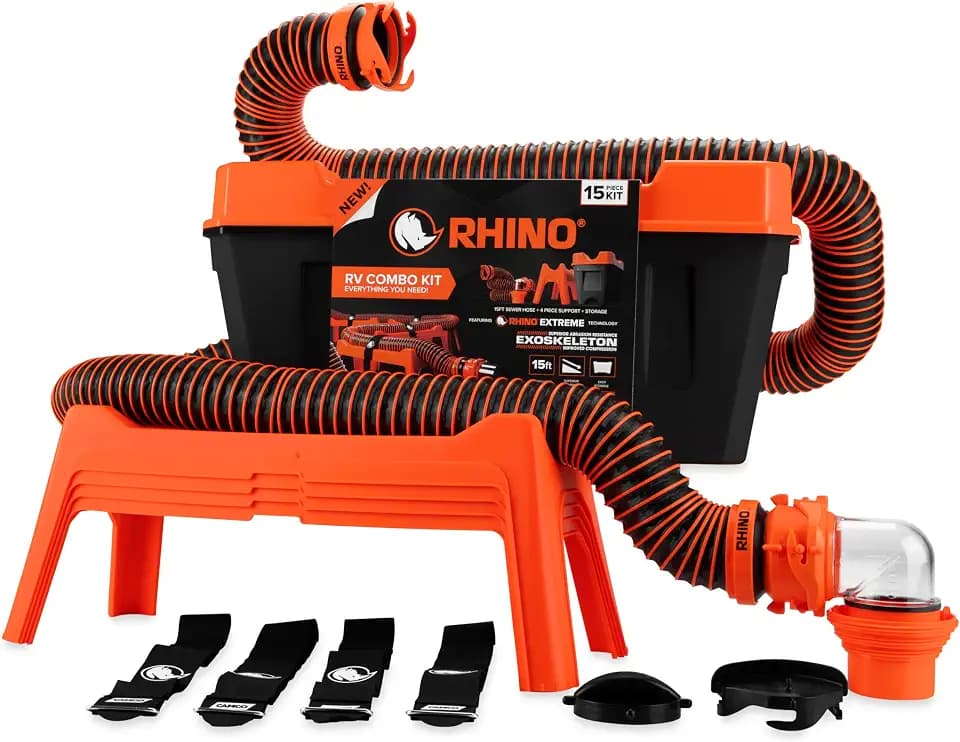 Camco RhinoEXTREME 15' Combo RV Sewer Hose Kit - All-in-One Sewer Hose Solution - 12-Piece Combo Kit Includes Storage Box for Nesting Support & Camper Organization (43076)