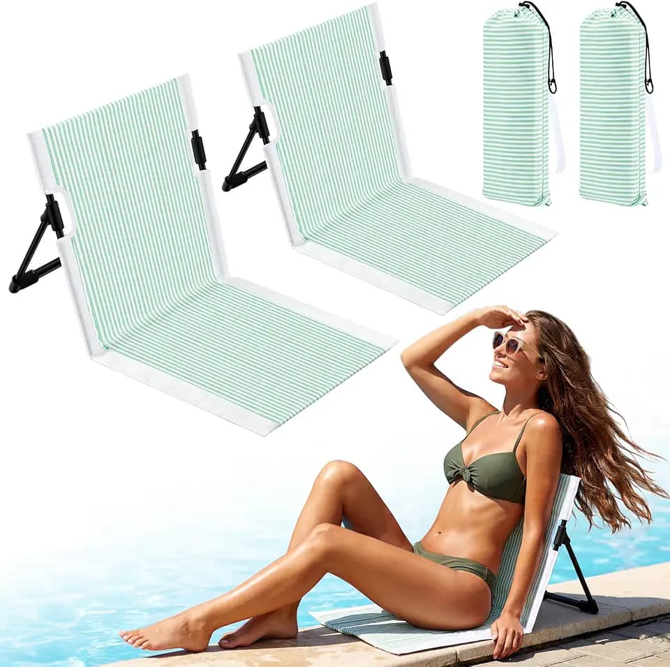Sliner 2 Pcs Foldable Poolside Chairs for Adults, Portable Beach Chairs Green & White Striped Folding Lazy Chair for Edge of Pool Comfortable Backrest for Camping Traveling Lightweight Compact Seating