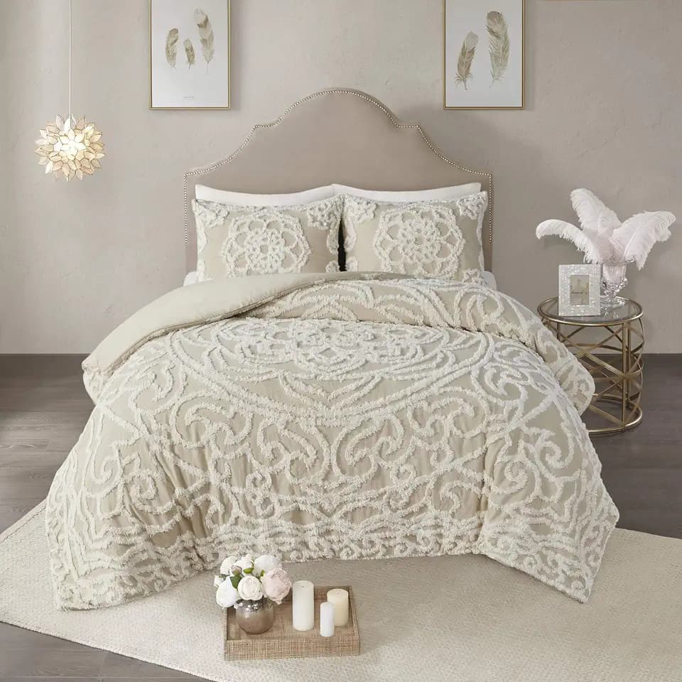 Madison Park Cotton Chenille Tufted Taupe King Duvet Cover Set, 3pc