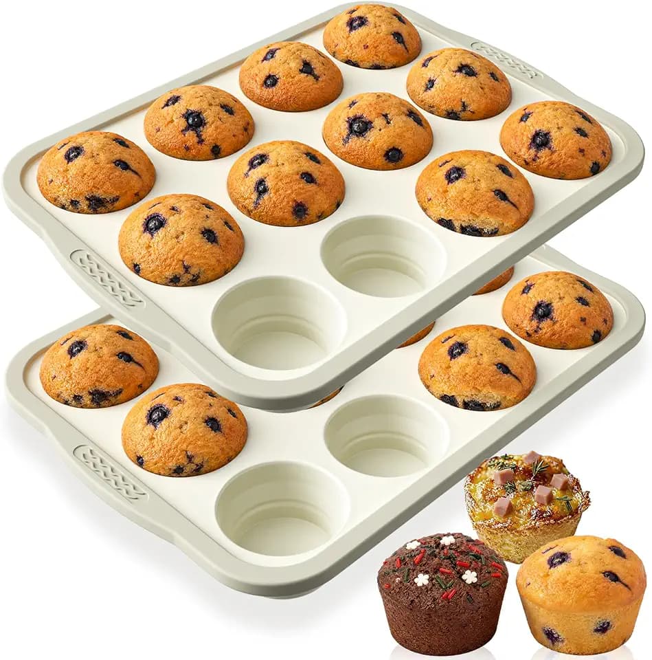 2 Pcs Silicone Muffin Pans for Baking, Foldable Molds, Beige