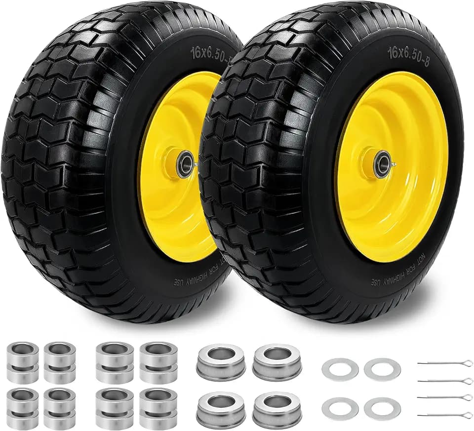 2Pc 16×6.50-8 Flat Free Tire and Wheel with 1 Inch Axle, Fits 1" Bushing