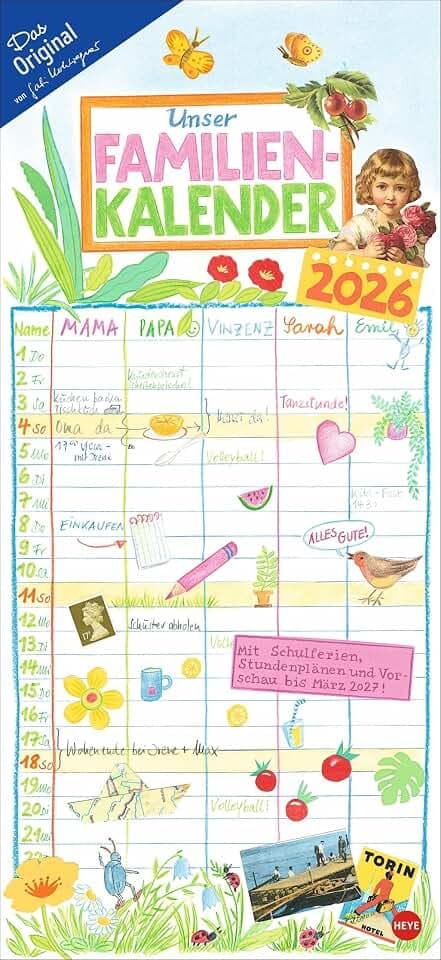 Gabi Kohwagner Unser Familienkalender 2026: Liebevoll illustrierter Kalender für Familien mit handschriftlichen Details. Wandkalender 2026 mit 5 Spalten. (Familienplaner Heye)