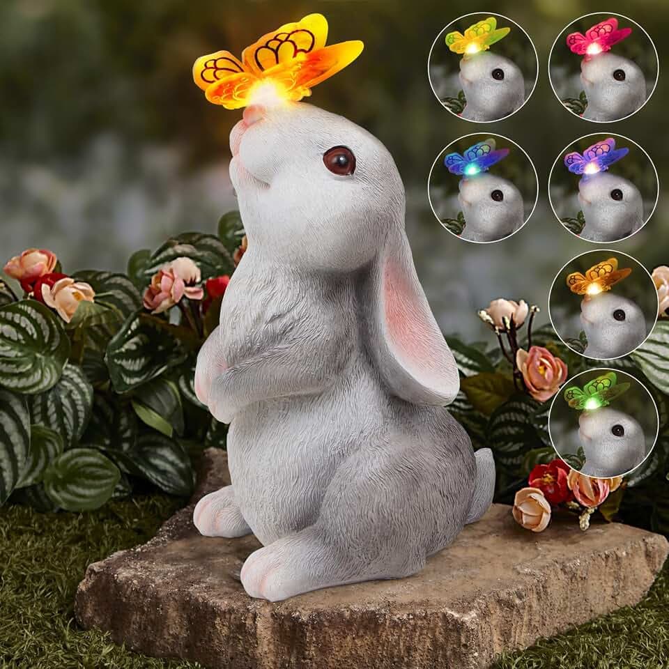 Garden Statue Outdoor Decor Rabbit with Solar Butterfly Changing Lights
