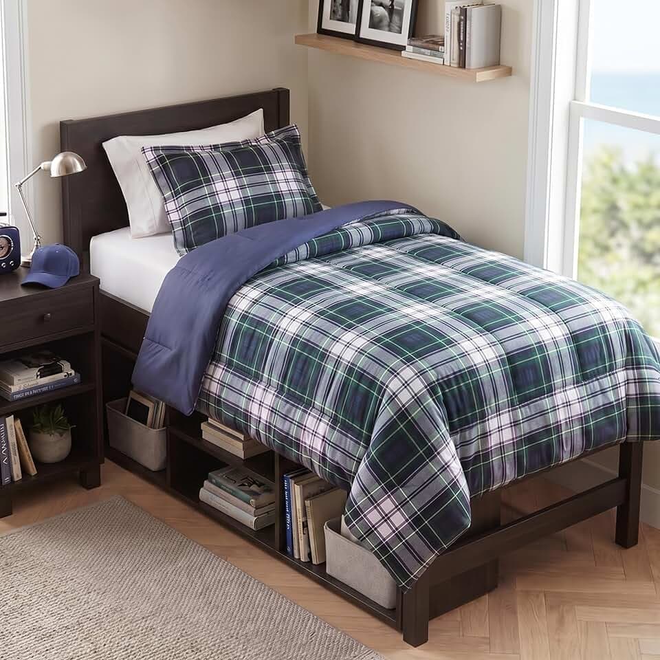 Madison Park Parkston Plaid Twin Comforter Set for College Dorm, 2P Navy