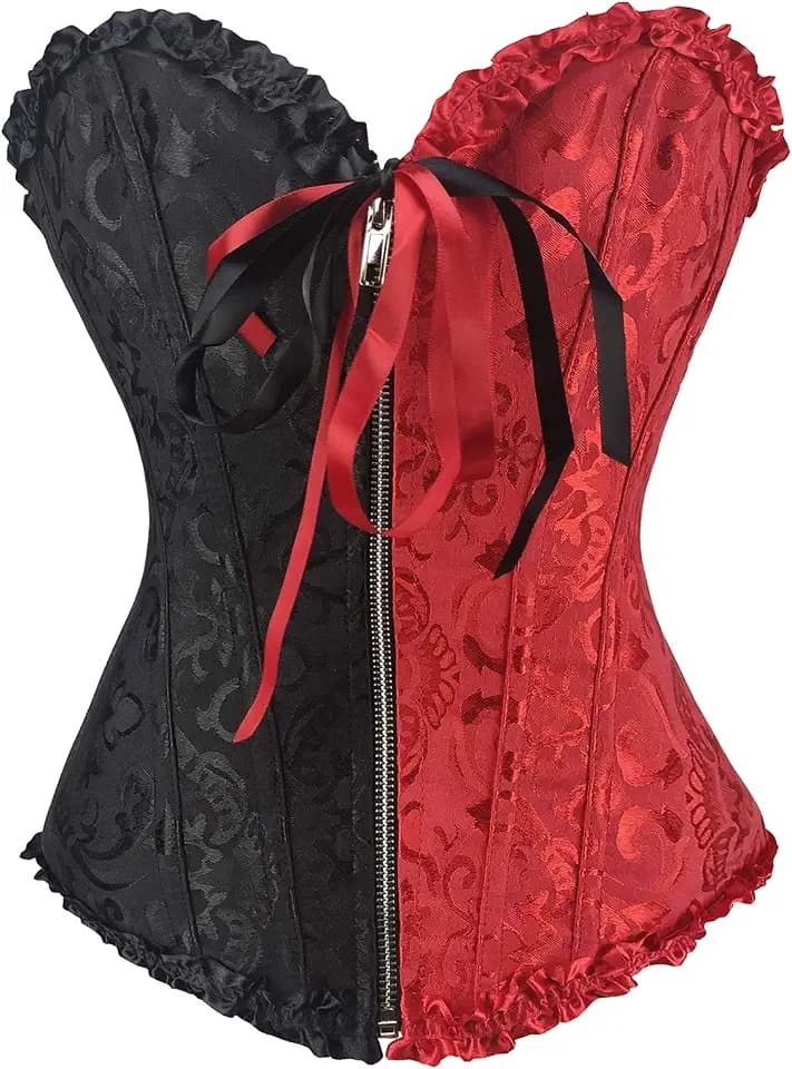 Damen Bustier, Burlesque, Basque Rouge, Reißverschluss, Schnürung, Korsett, Schwarz / Rot