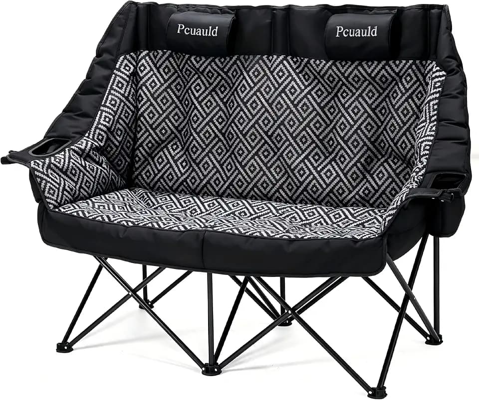 High Back Double Camping Chair Padded Folding Loveseat with Adjustable Pillows Heavy Duty 2 Person Camping Lawn Chairs for Adults with Cup Holders & Wine Racks for Outdoor Sports Beach Fishing