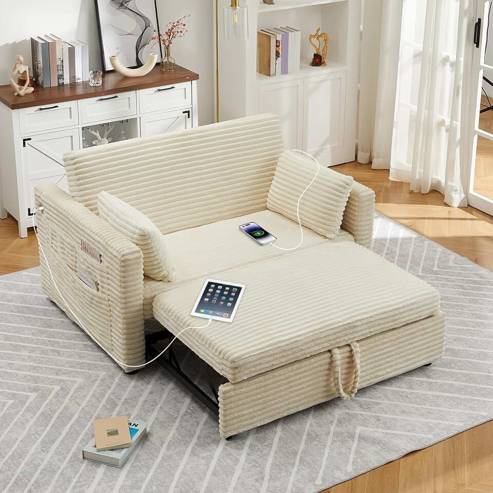 Garvee Futon Sofa Bed, 55'' Loveseat Corduroy Convertible Sleeper Sofa with Pull Out Couch and Adjustable Backrest, 2 Charging Stations, Side Pockets for Living Room, Apartment, Office, White