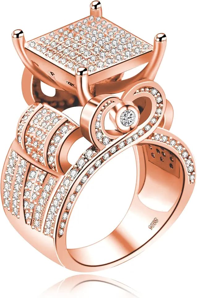 Uloveido Women's 0.4" Wide Square Cluster Engagement Heart Architecture Ring, Cocktail Bling Ring for Her RA0221