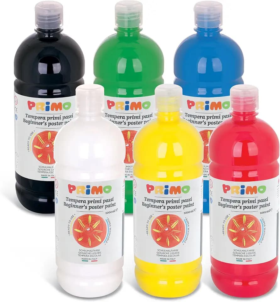 Primo - Temperfarben für Kinder 6 Gouache Farben Set für Kinder ab 3 Jahren 1L mit Spender, Temperafarben zum Bemalen von Papier, Stoff, Glas, Malerei, Kreatives Basteln und Schulmaterial