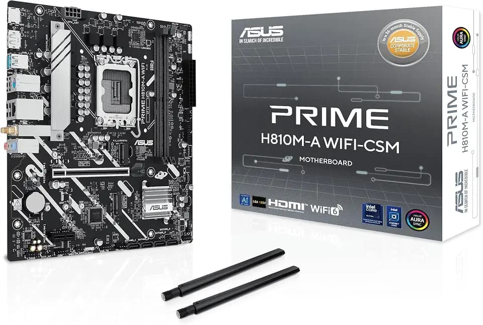ASUS Prime H810M-A WiFi-CSM Intel® H810 LGA 1851 mATX Motherboard, 6+1+1+1 Discrete MOS, DDR5, PCIe 4.0, 2X M.2, Intel® 1Gb Ethernet, Wi-Fi 6, DisplayPort, HDMI™, USB 10Gbps, Front USB 5Gbps Type-C®