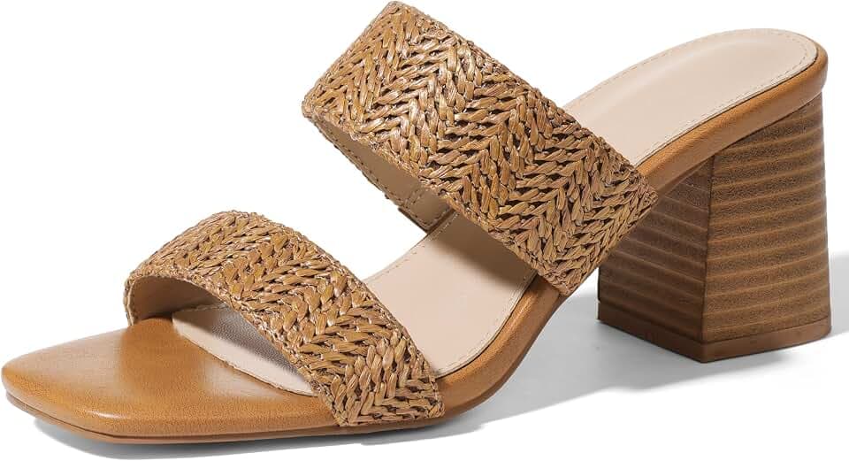 Ancomafio Heeled Sandals for Women Raffia Sandals 2025 Chunky Block Heels Square Open Toe Heels Double Strap Summer Dressy Shoes Slip On