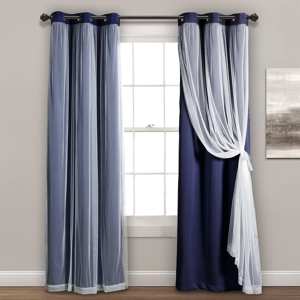 Lush Decor Sheer Grommet Curtains With Insulated Blackout Lining, Window Curtain Panels, Pair, 38"W x 84"L, Navy - Curtain With Sheer Overlay, Elegant Blackout Curtains for Bedroom
