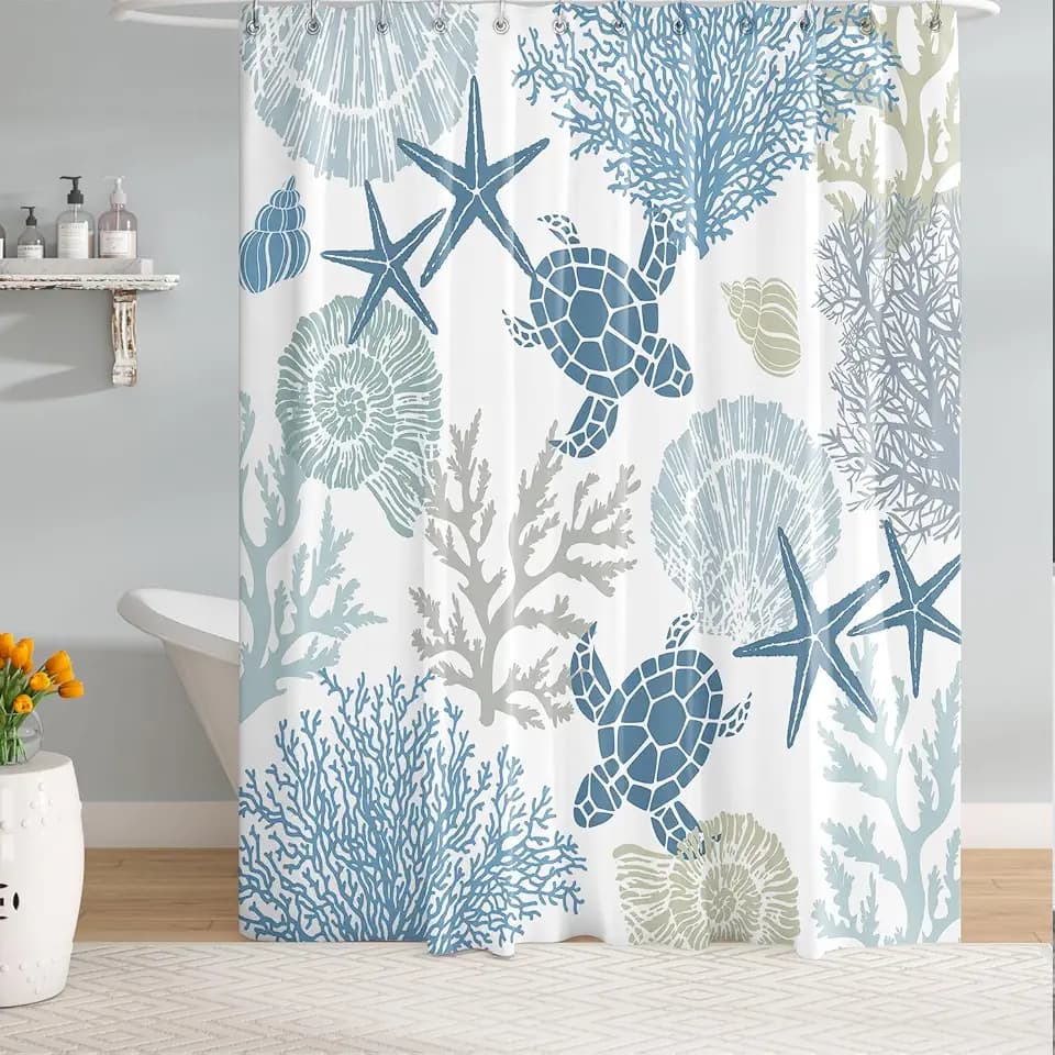 Peopleareok Nautical Coastal Shower Curtain, Funny Kids Sea Turtle Seashell Starfish Shower Curtain for Bathroom Decor, Polyester Fabric Bathroom Decor Set with 12 Hooks, 72" W x 72" L