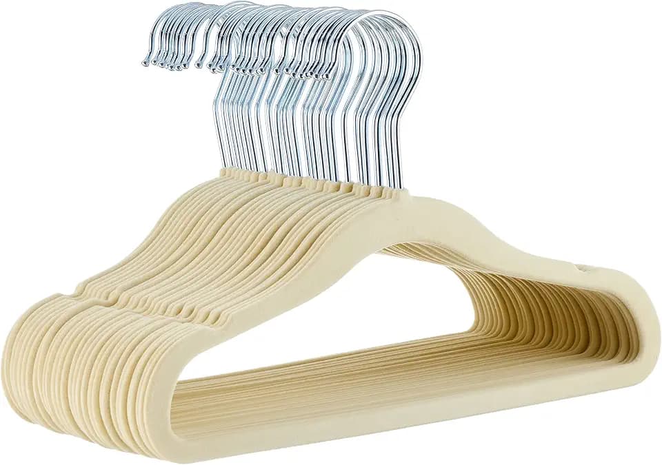 Amazon Basics Kids Space Saving Velvet Non-Slip Clothes Hangers with Shoulder Notches, Sturdy Construction for Closet Organization, 11.6", Beige, 30-Pack