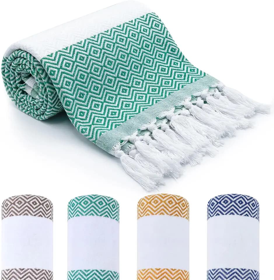 Nuenen 4er Set Hamamtuch Saunahandtuch 100 x 180 cm Leichtes Schnell Trocknendes Strandtuch aus Baumwolle Platzsparend für Reise Sauna Yoga Urlaub Weich Stilvoll (Blau, Grün, Braun, Gelb)