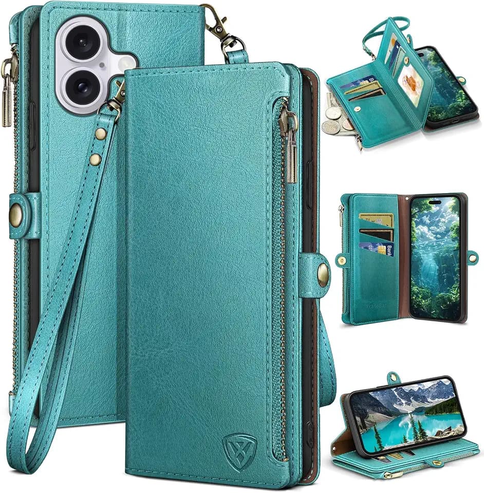 XcaseBar compatible with iPhone 16 Plus 6.7" Wallet case with Zipper Credit Card Holder【RFID Blocking】,Flip Folio Book PU Leather Phone case Shockproof Cover Women Men for Apple 16Plus case Blue Green