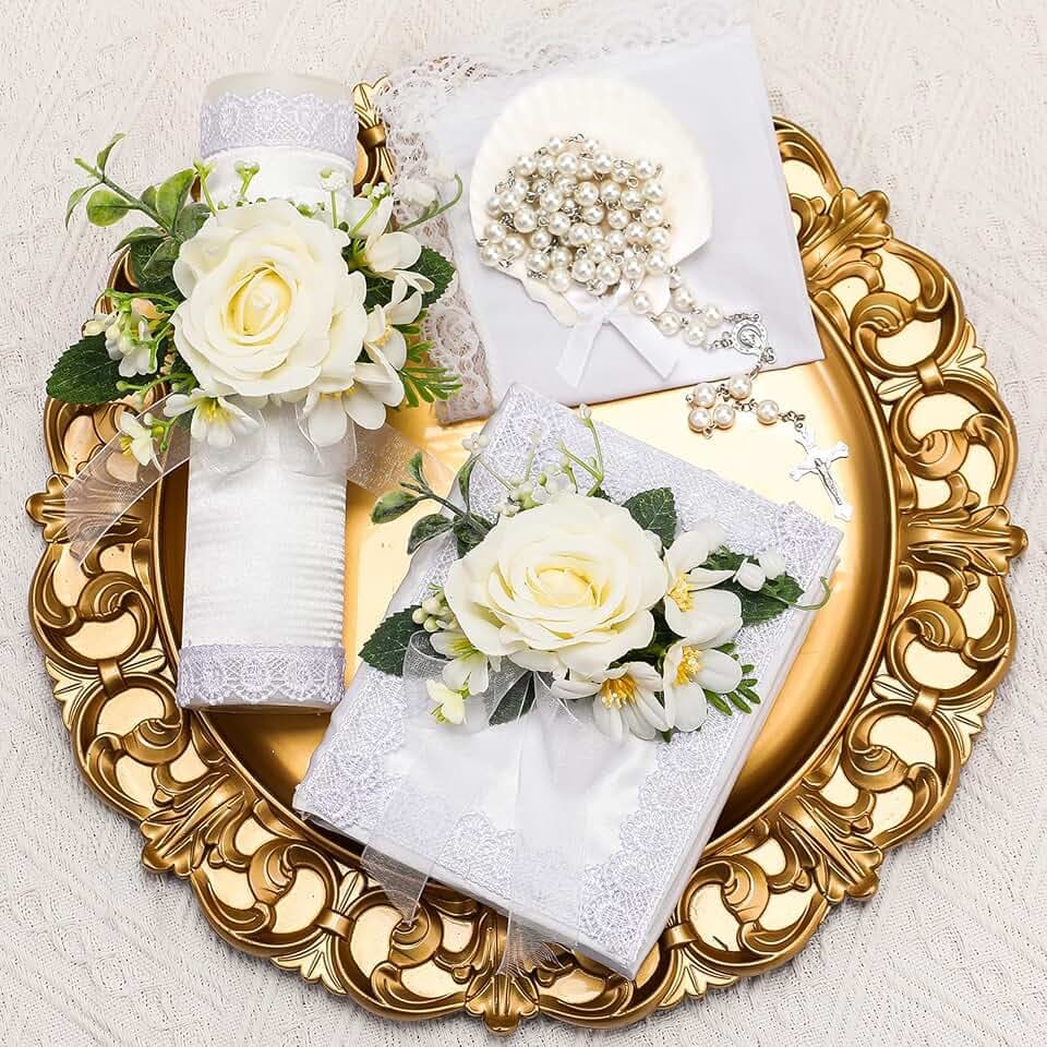 Threlaco 5 Pcs Baptism Candle Set with Towel Rosary for Christening, White