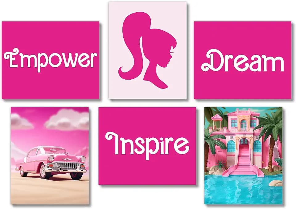 Brooke & Vine Pink Aesthetic Girl Bedroom Decor Girl Birthday Party(UNFRAMED 8 x 10 Set of 6) Empowerment Posters Dream House Car Inspirational Teen Girl Room Wall Art Prints Tween Bedroom, Dorm, Desk - Pink Doll