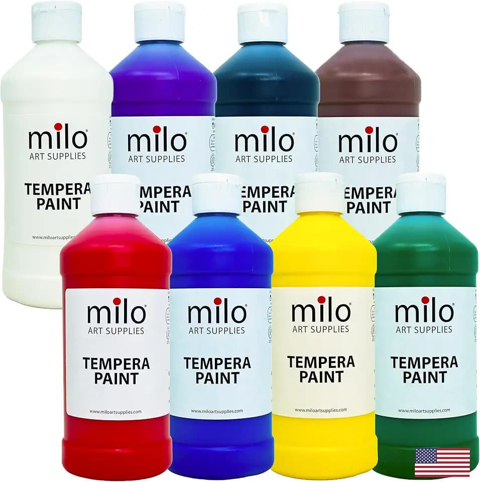 milo Kid's Washable Tempera Paint Set, 8 Primary Colors, 16 oz Bottles