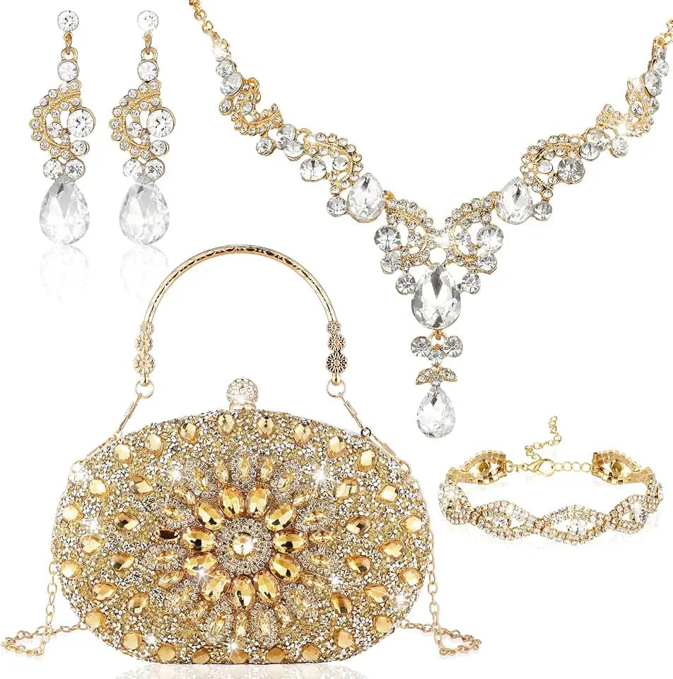 Quelay ​​​​4 Pcs Purse Rhinestone Jewelry Set Women