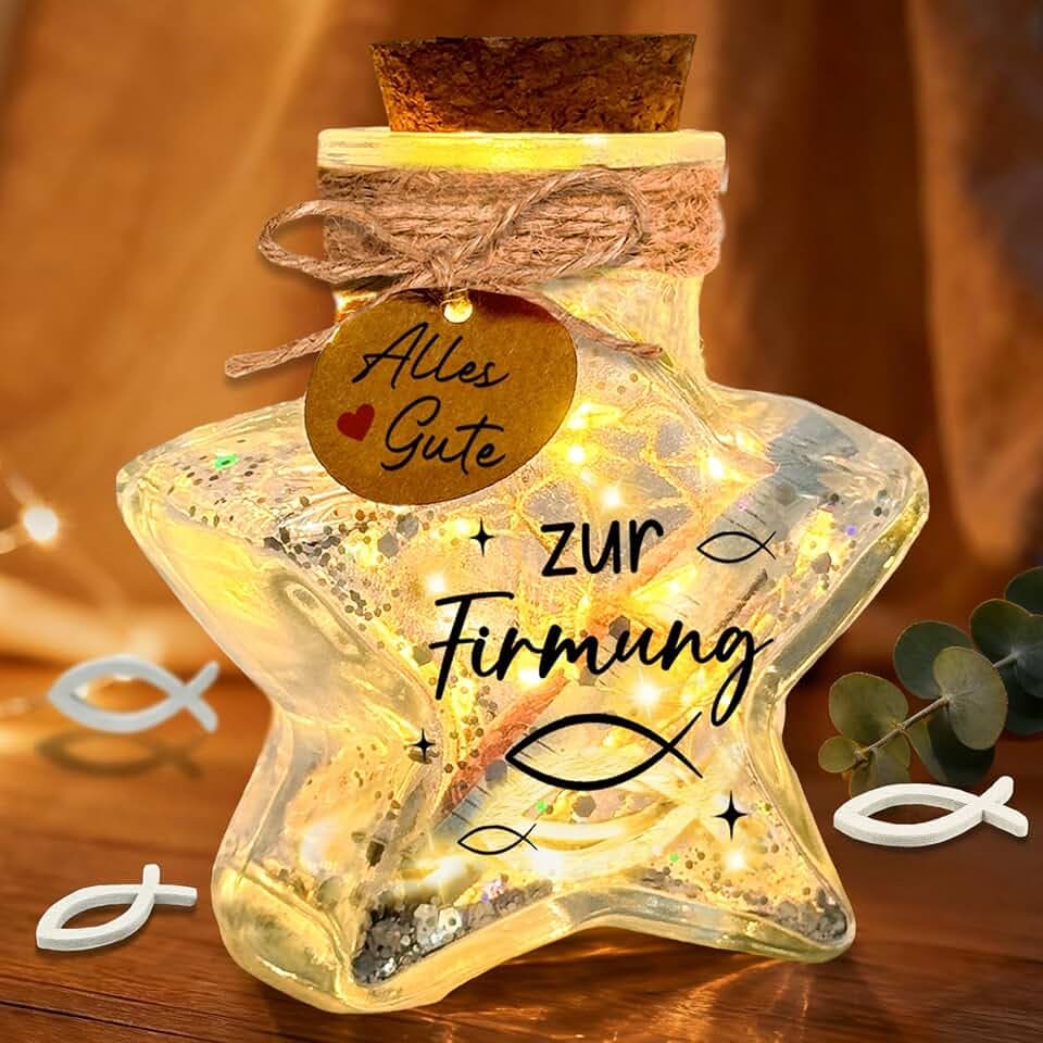 Firmung Geschenke Mädchen Junge, Kreative Geldgeschenke Verpackung Firmung–LED Flaschenlicht mit Korken in Sternform, als Tischdeko & Deko