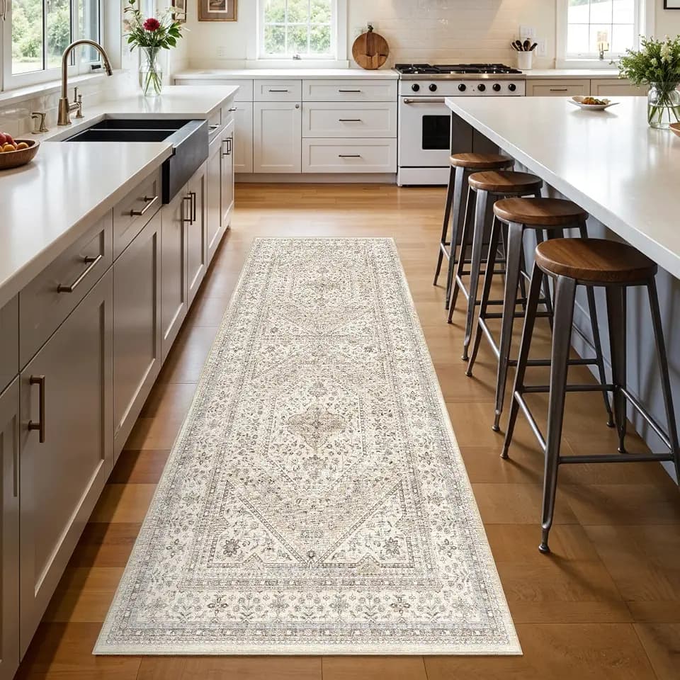 3x8 Washable Hallway Runner Rug - Non-Slip Vintage Kitchen Rugs Beige Gray