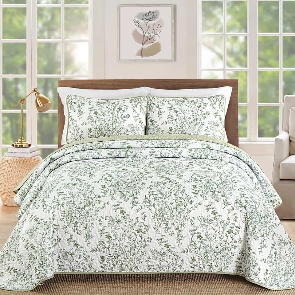 WONGS BEDDING Botanical Twin Quilt Set, Sage Green Lightweight Bedspread