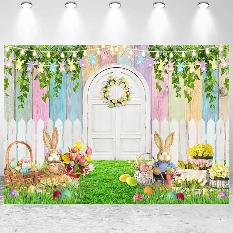 10x8ft Easter Backdrop Spring Easter Party Photography Background Garden Floral Grass Rabbit Eggs Colorful Wood Banner Decorations Photo Studio Props