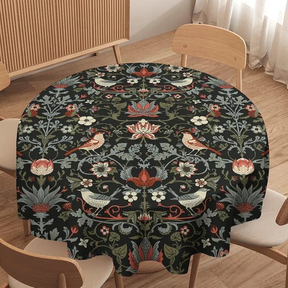 William Morris Tablecloth Original Design Retro Floral Black Bird Table Cloth Wipeable Polyester Fabric Table Cover Kitchen Dinning Decorations Washable, 50" Round
