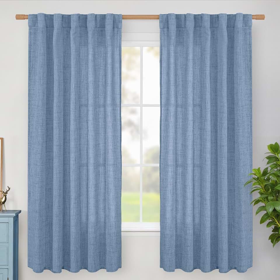 BGment Blue Linen Curtains 63 Inches Long for Bedroom Windows, Light Filtering Drapes for Living Room Country Office Privacy Rod Pocket Back Tab, 2 Panels Set, 42 Inch Wide