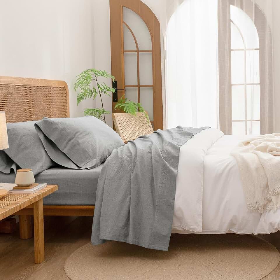 BESTOUCH Queen Washed Cotton Linen Feel Sheet Set 4 Pcs Solid Light Grey