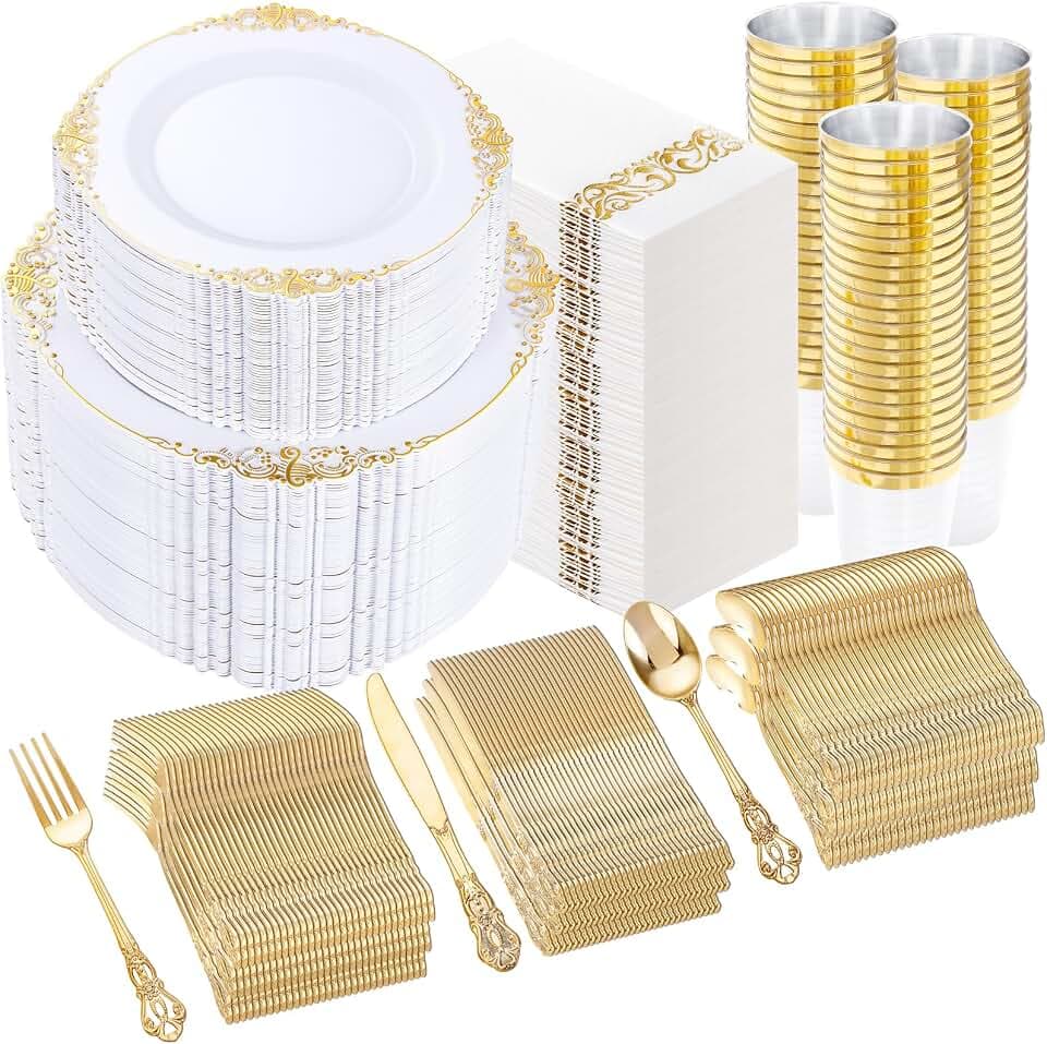 YOUBET 700PCS White and Gold Plastic Dinnerware Set for Wedding Party