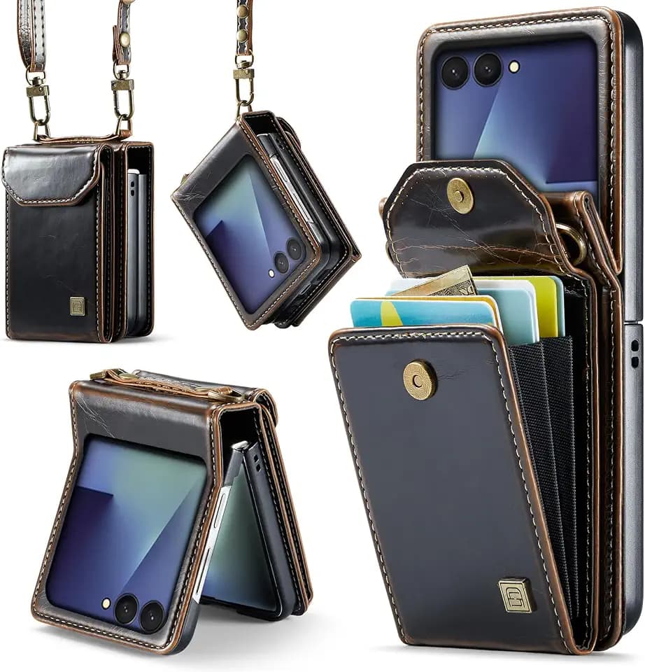 Crossbody Case Compatible with Samsung Galaxy Z Flip 7,Retro PU Leather Strap Wristlet Flip Case with Magnetic Closure and Card Holder for Men Women Coffee