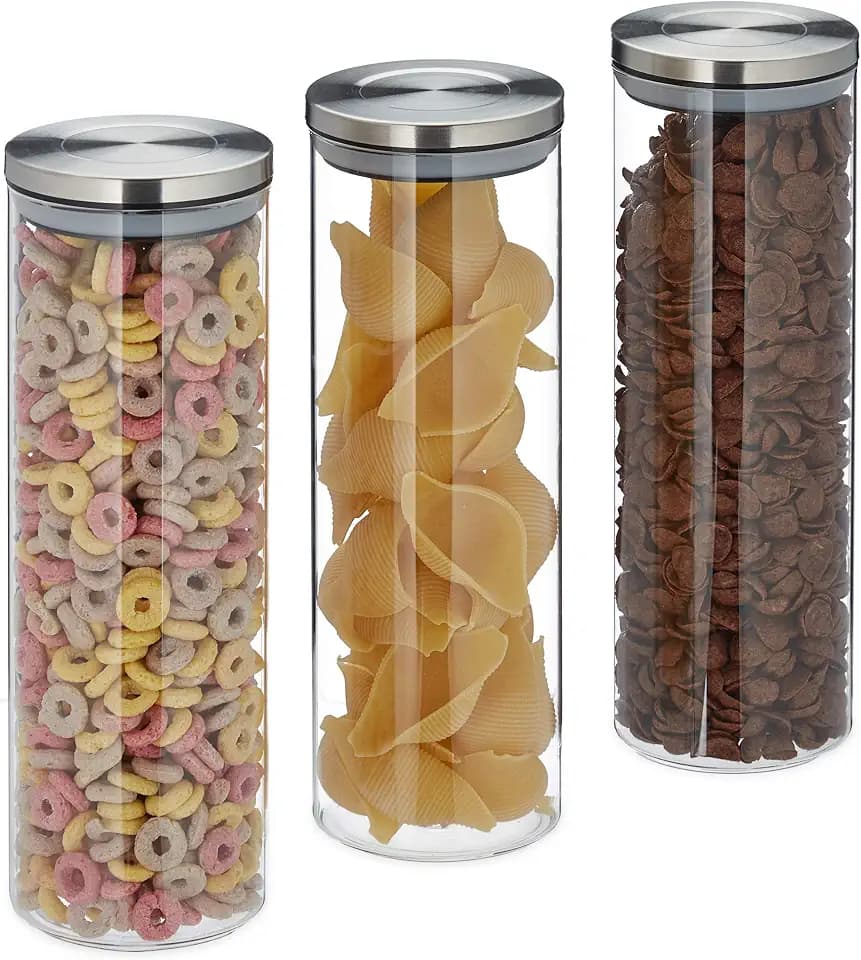 Relaxdays Vorratsglas 3er Set, luftdicht, Edelstahl Deckel, transparent