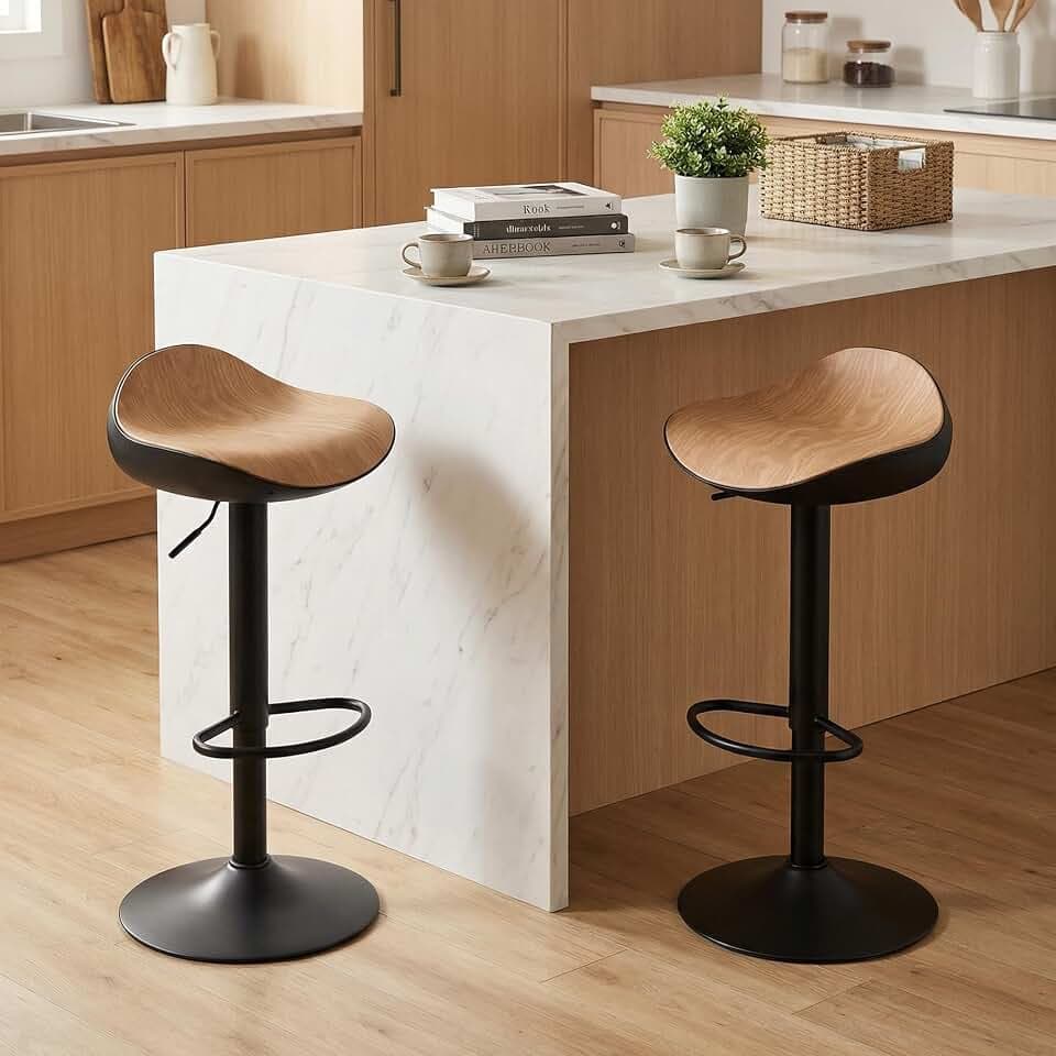 Kidol & Shellder Barhocker 2er Set, Höhenverstellbar ohne Lehne, mit Holzmaserung PU Leder, 5min Montage, Leicht zu reinigen, Tragfähigkeit 136kg für Küche